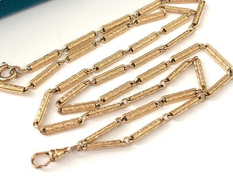 Vintage 23&quot; Floral Engraved Bar Link Watch Chain Necklace, Antique Decorative Link Gold Filled Watch Chain Necklace Charm Holder Clasp