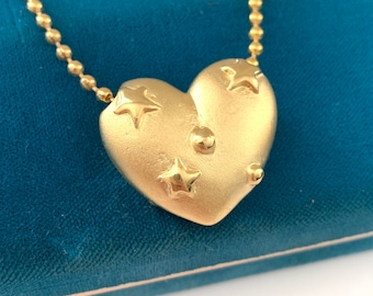 Vintage Brushed Gold Chunky Gold Heart Necklace, Puffy Gold