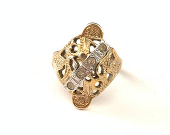 Vintage Edwardian Inspired Two Tone Filigree Rhinestone Ring, Costume Jewelry for Women