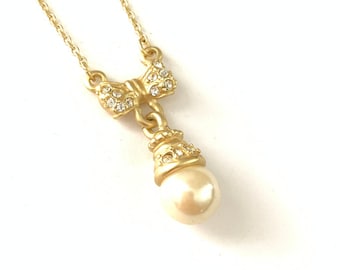 Vintage 15" Matte Gold Plated Bow Pearl Drop Necklace // Vintage 15" Matte Gold Plated Necklace Rhinestone Pearl Bow