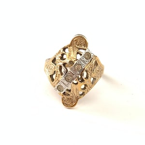 Vintage Edwardian Inspired Two Tone Filigree Rhinestone Ring, Costume Jewelry for Women