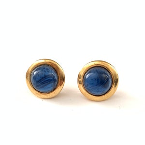 Vintage Plated Gold Blue Cabochon Round Stud Earrings
