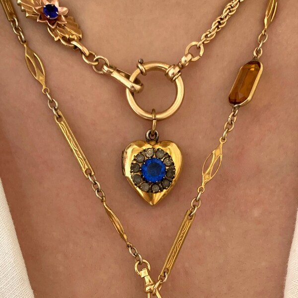 Vintage Gold Filled Cluster Flower Heart Locket, Vintage Flower Locket with Blue Flower, Gift for Her, Heart Locket for Mom, AS IS