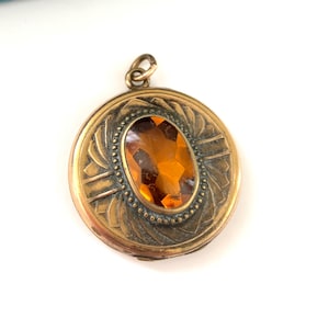 Antique Art Nouveau Egyptian Inspired Topaz Glass Locket, Vintage Gold Filled Photo Locket with Patina Bloom, Victorian Keepsake Pendant