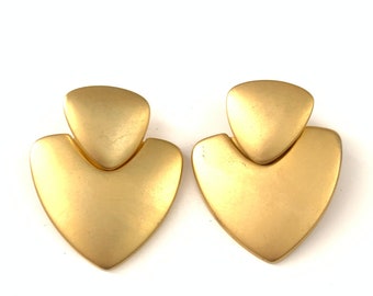 Vintage Matte Gold Plated Geometric Dangle Earrings // Geometric Sculptural Statement Earrings