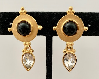 Gorgeous Vintage Byzantine Revival Gold Plated Black Cabochon and Teardrop Crystal Old World Inspired Clip Earrings