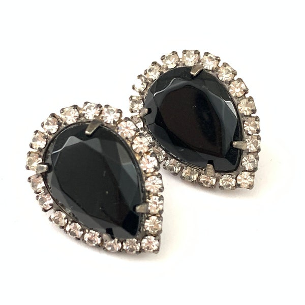 Vintage Black and Clear Rhinestone Earrings, Black teardrop rhinestone earrings, costume jewelry for Women