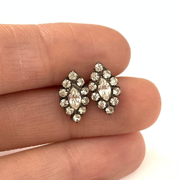 Beautiful Clear Vintage Navette Marquis Stud Earrings with Clear Rhinestone Halo, Vintage Clear Rhinestone Marquise Stud Earrings