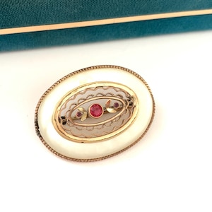 Antique Victorian Mother of Pearl Filigree Lace Brooch with Ruby Paste Rhinestones