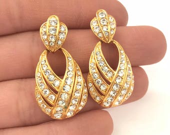 Vintage Golden Rhinestone Dangle Earrings with Criss Cross Weave Design // Elegant Gold Rhinestone Earrings// Classic Vintage