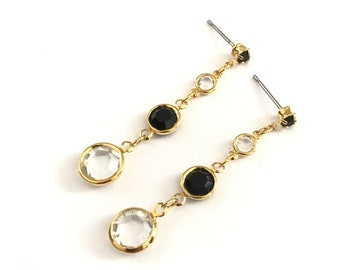 Vintage Gold Plated Black and Clear Crystal Glass Dangle Earrings