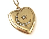 Vintage Gold Filled Heart Locket with Crescent Moon Star Crescent Moon Star Antique Locket Victorian Gold Filled Locket