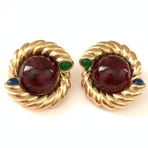 Vintage Etruscan Inspired Clip On Earrings, Vintage Jeweled Cabochon Clip Earrings, Vintage Gold Plated Red Green Blue Earrings 80s style