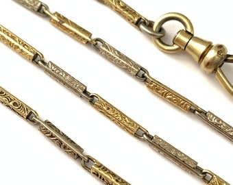 Vintage Art Deco Simmons Two Tone Watch Chain Necklace, Yellow and White Gold Filled Fancy Link Watch Chain
