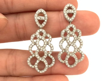 Beautiful Vintage Lattice Deco Silver Plated Rhinestone Dangle Earrings // Wedding Earrings // Wedding Jewelry // Lattice Earrings