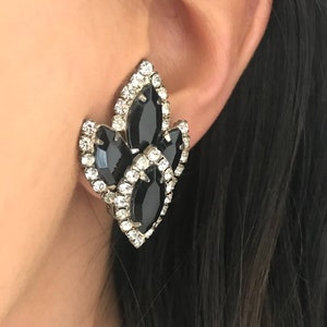 Vintage Black and Clear Rhinestone Crystal Clip Earrings, Black and Clear Big Vintage Clips For Women, Deco Clips