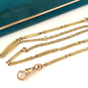 Vintage Art Deco 16.5&quot; Gold Filled Watch Chain Necklace, Antique Decorative Textured Bar Link Watch Chain, Charm Holder Clasp
