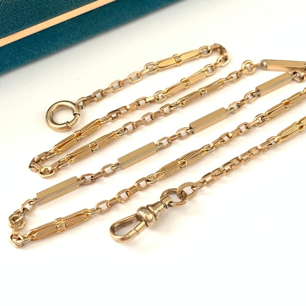 Vintage 17.25" Gold Filled Fancy Bar Link Pocket Watch Chain Necklace, Vintage Art Deco Pocket Watch Chain Necklace Dog Clip Clasp