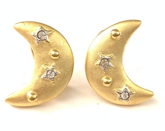 Vintage Plated Gold Crescent Moon Earrings, Vintage Matte Gold Moon Earrings