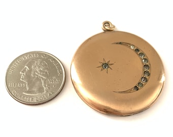 Antique Large Crescent Moon Star Locket, Celestial Gold Filled Moon Locket Pendant, Crescent Moon Paste Locket