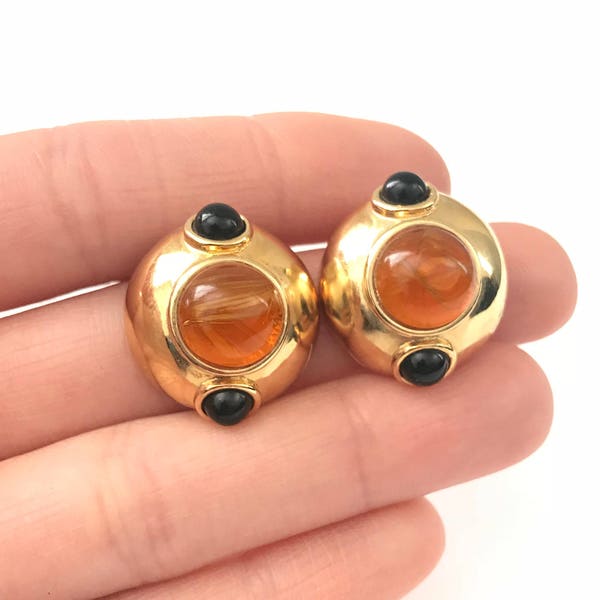 Vintage Etruscan Inspired Gripoix Style Cabochon Clip Earrings