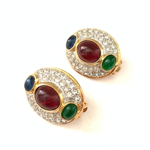 Gorgeous Vintage Jewel Tone Glass Etruscan Inspired Clip Earrings