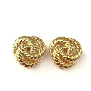 Vintage Shiny Gold Plated Love Knot Twisted Clip Earrings // 80s Gold Plated Statement Earrings