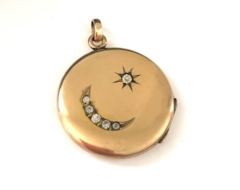 Vintage victoriano 1/10 14k oro lleno creciente luna estrella medallón, medallón celestial lleno de oro, colgante de recuerdo antiguo, regalo para ella