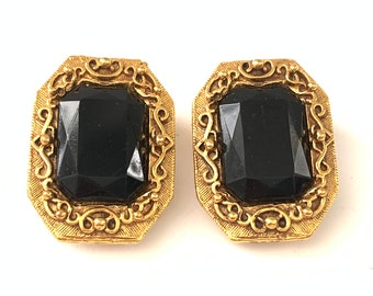 Vintage Etruscan Revival Gold Plated Clip Earrings // Black Glass Emerald Cut Etruscan Clip Earrings
