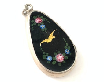 Vintage Antique Sterling Silver Enamel Swallow Bird Locket Pendant, Vintage Sterling Pill Box Pendant, Antique Bird Locket,