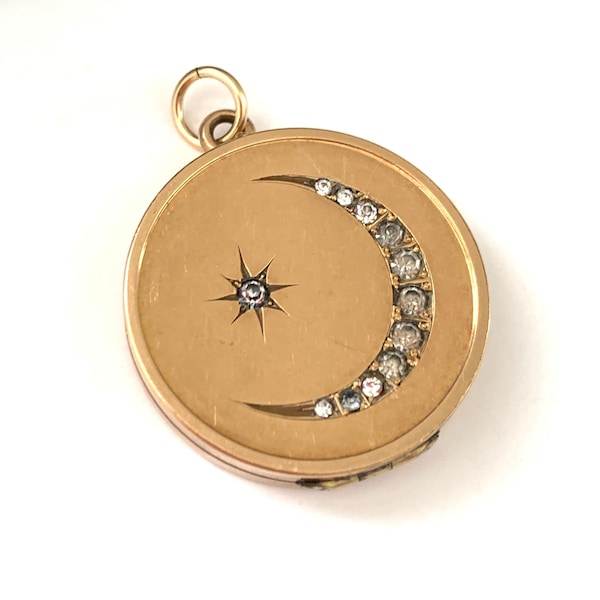 Vintage Victorian Crescent Moon and Star Locket, Gold Filled Celestial Locket, Moon Star Locket, Keepsake Pendant