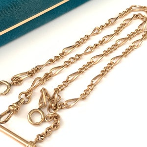 Vintage 16 3/8&quot; Gold Filled Watch Chain Necklace, Antique Gold Filled Textured Figaro Link Fancy Link Pocket Watch Chain with T Bar
