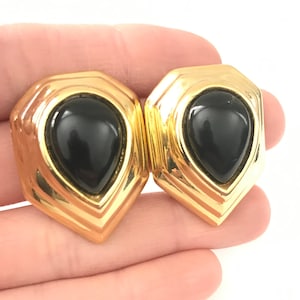 Polished Retro Black and Gold Chunky Clip Earrings, Vintage 1990s Big Gold Clips, Costume Jewelry