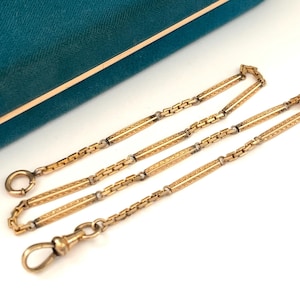 Vintage 14.75&quot; Art Deco Gold Filled Watch Chain Necklace, Antique Fancy Bar Link Watch Chain, Layering Chain, Dog Clip Clasp