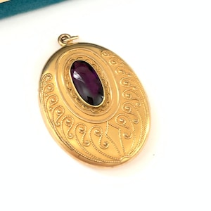 Stunning Antique Etruscan Inspired Victorian Gold Filled Locket with Amethyst Glass,  Antique Art Nouveau Keepsake Pendant, Unisex Locket