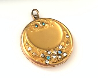 Antique Edwardian Locket Necklace With Flower and Crescent Moon, Gold ...