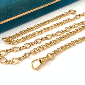 Vintage 20.25" Watch Chain, Yellow Gold Filled 4mm Curb Watch Chain Necklace, Watch Chain Necklace Double Dog ClIp Clasp, Gift for Him