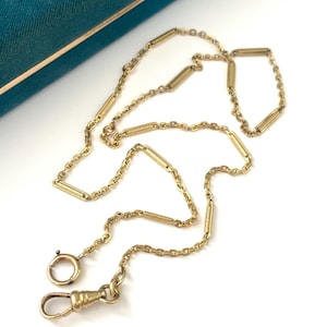 Vintage 19.5&quot; Art Deco Green Gold Filled Decorative Bar Link Pocket Watch Chain, Antique Fancy Link Art Deco Chain, Dog Clip Clasp