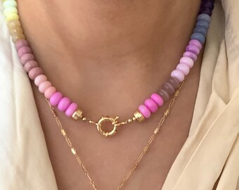 Gorgeous Rainbow Gemstone Beaded Necklace, Colorful Stacked Gemstone Necklace, Ombre Rainbow Gemstone Beaded Necklace
