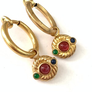 Vintage Etruscan Revival Jewel Tone Cabochon Hoop Dangle Earring // Vintage Hoop Charm Earrings, New old Stock