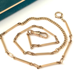 Vintage 16.5&quot; Gold Filled Watch Chain Necklace, Antique Art Deco Timeless Bar Link Biker Chain Dog Clip Clasp for Charms