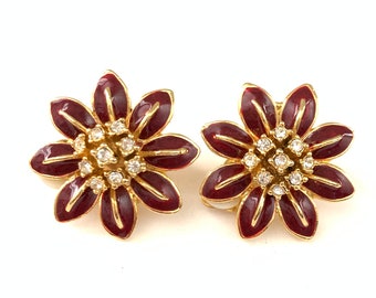 Vintage Enamel Clear Rhinestone Flower Clip Earrings, Vintage Flower Clip Earrings