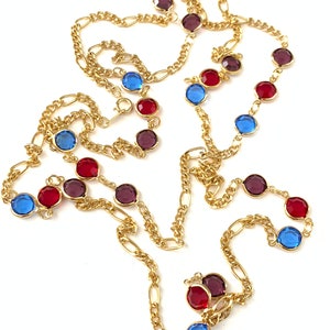 Vintage Gold Tone Multi Color Red Blue Purple Glass Bezel Necklace