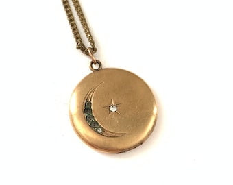 Vintage Antique Crescent Moon and Star Paste Locket Necklace // Vintage Crescent Moon Star Locket //Vintage Locket // Moon Locket