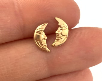 Gold Filled Crescent Moon Stud Earrings, Vintage Man in the Moon Crescent Earrings, Gold Filled Celestial Studs, Crescent Moon Studs