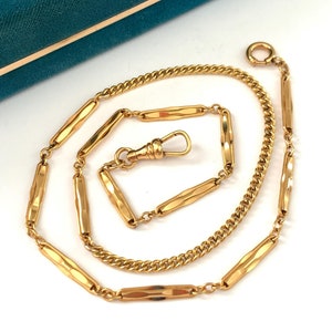 Vintage 18.25&quot; Watch Chain Necklace, Art Deco 1/10 14k Gold Filled Bar Link Pocket Watch Chain Necklace Dog Clip Clasp