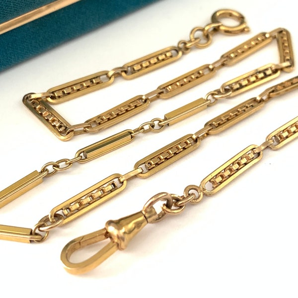 Vintage 16 3/4" Fancy Bar link Pocket Watch Chain Necklace, Antique Rolled Gold Plated Yellow Checkered Link Watch Chain Dog Clip Clasp