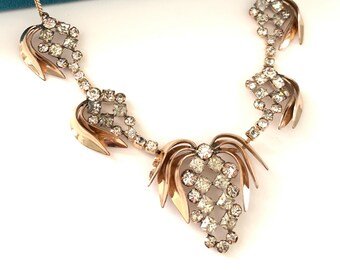 Collar vintage de vid de uva de pedrería relleno de oro de 12K