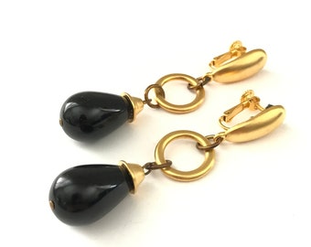 Vintage Long Gold and Black Dangle Drop Earrings