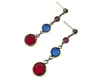 Vintage Dainty Multi Color Bezel Dangle Drop Earrings Red Blue Purple